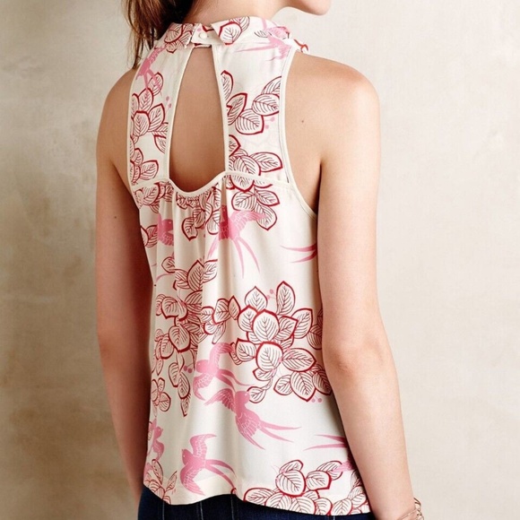 Maeve Anthropologie Elata Pink Bird Floral Leaf Print Sleeveless Blouse - size 0 - Picture 2 of 5